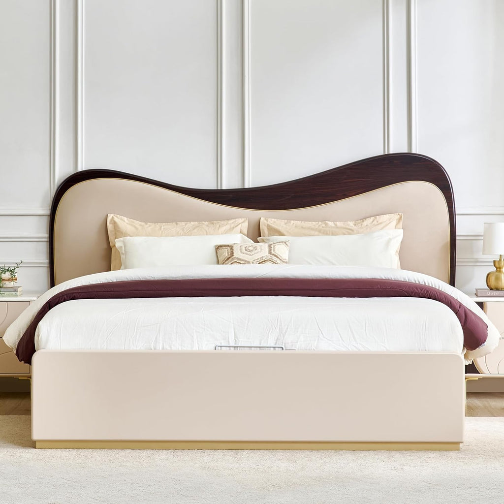 SERENO LUXE UPHOLSTERED BED WITH CURVED WOODEN BACKREST