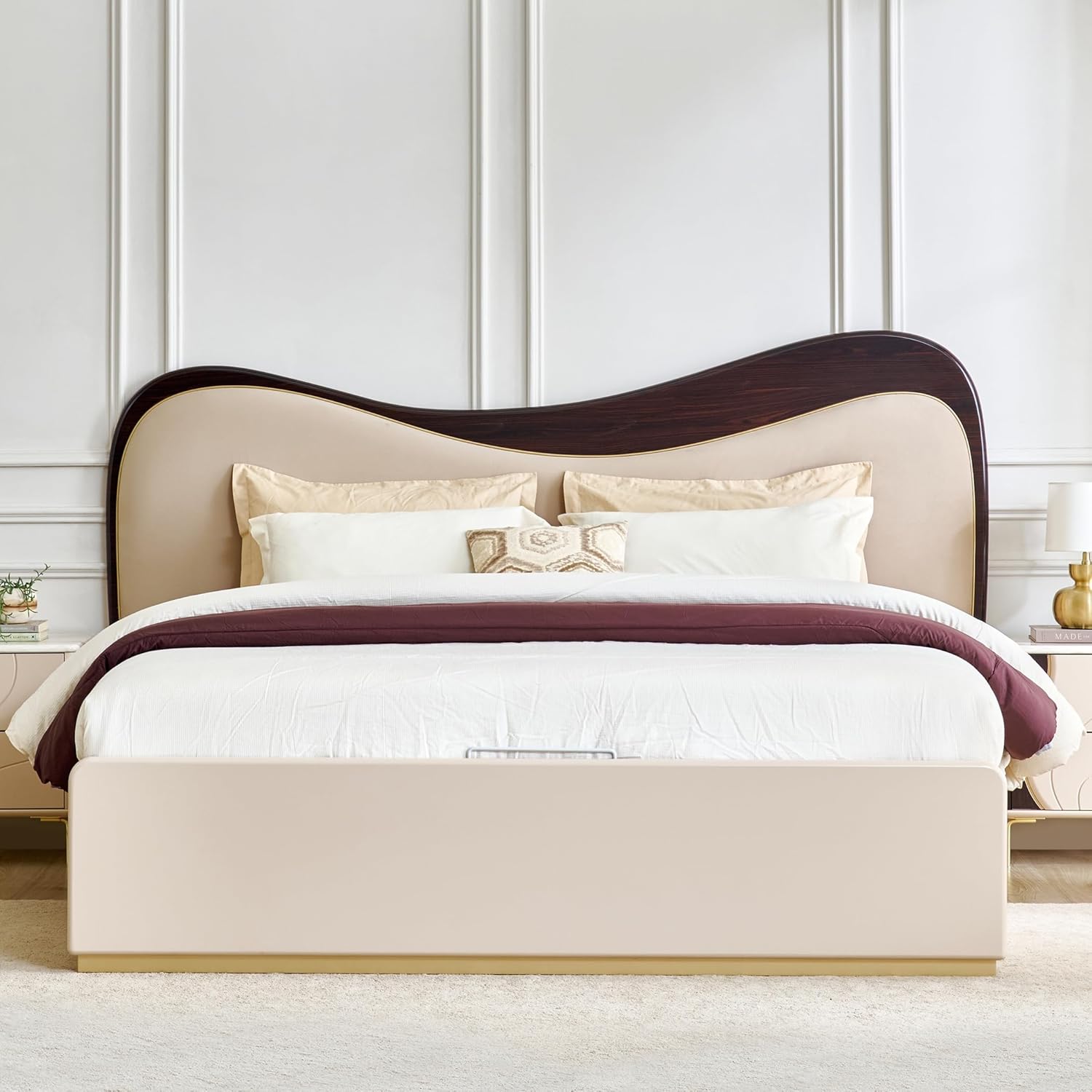 SERENO LUXE UPHOLSTERED BED WITH CURVED WOODEN BACKREST