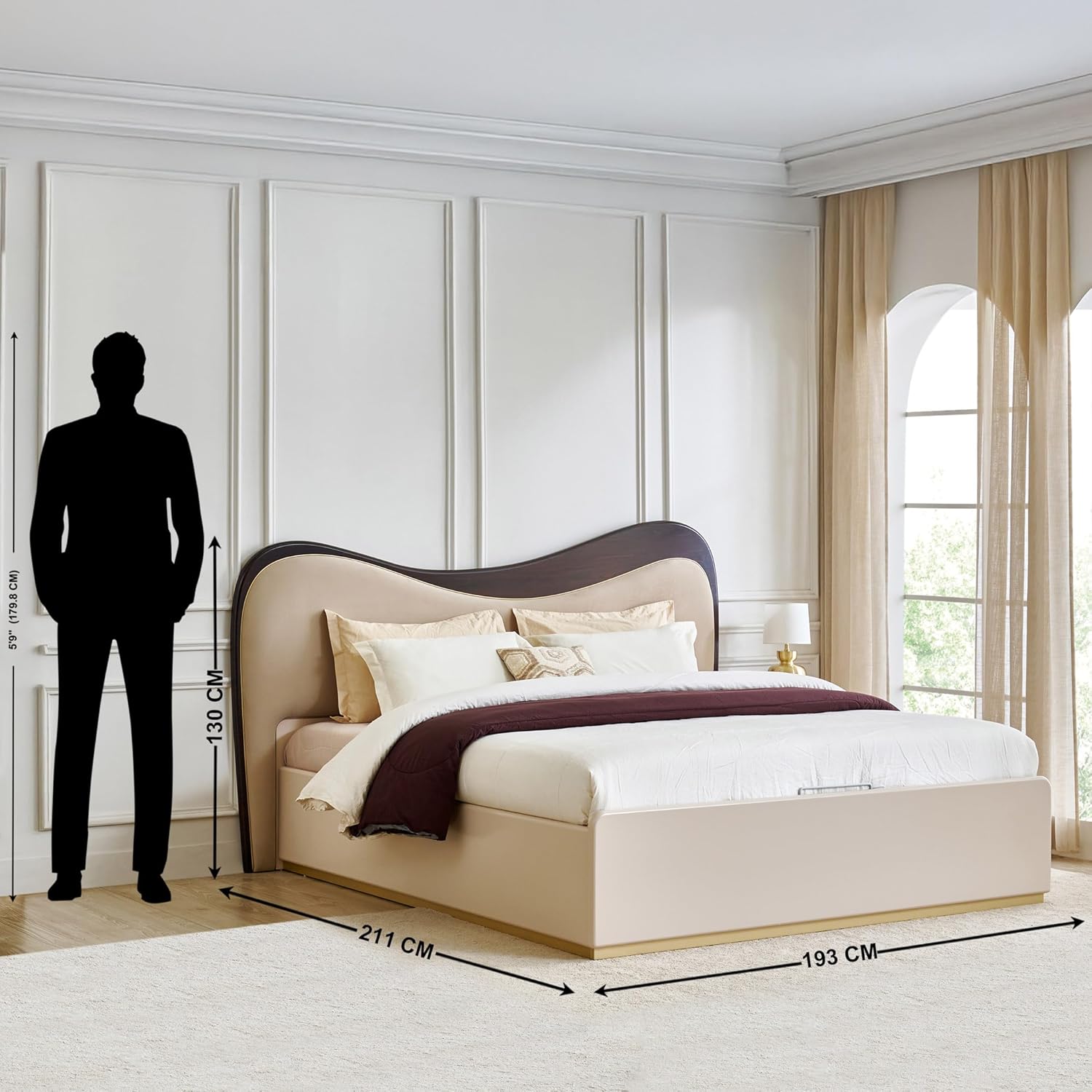 SERENO LUXE UPHOLSTERED BED WITH CURVED WOODEN BACKREST