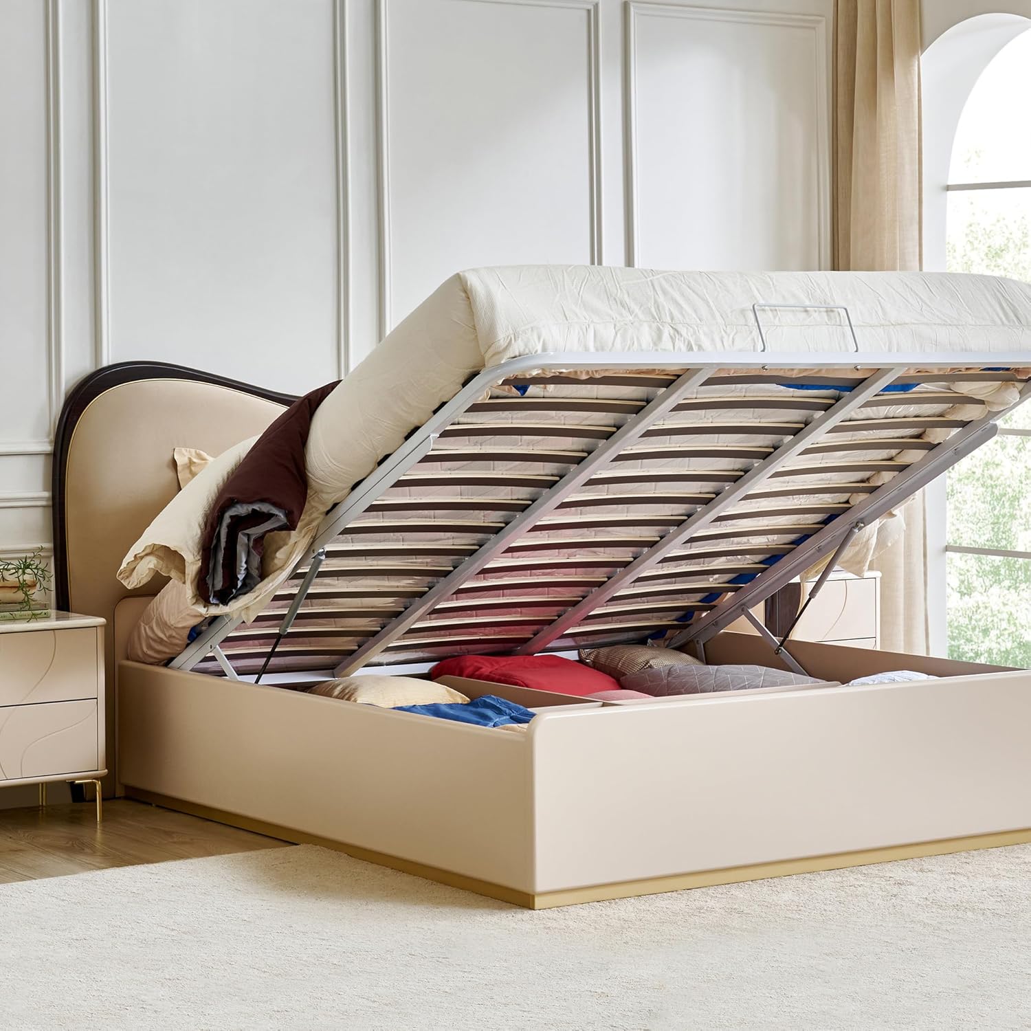 SERENO LUXE UPHOLSTERED BED WITH CURVED WOODEN BACKREST