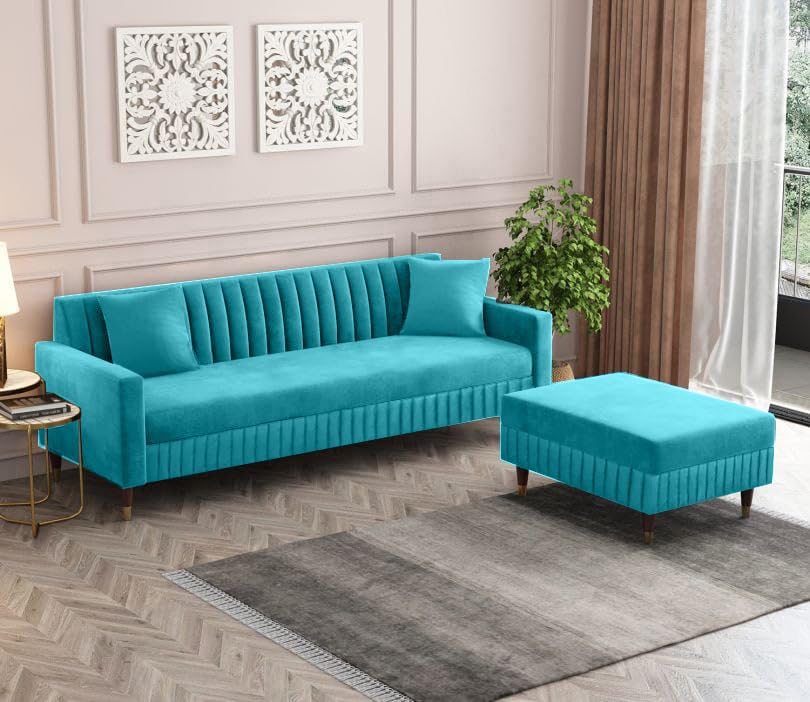 AQUALINE TEAL CHANNEL-TUFTED SOFA WITH OTTOMAN