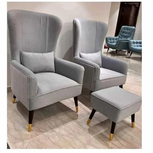 BLUE VELVET WINGBACK CHAIR WITH OTTOMAN