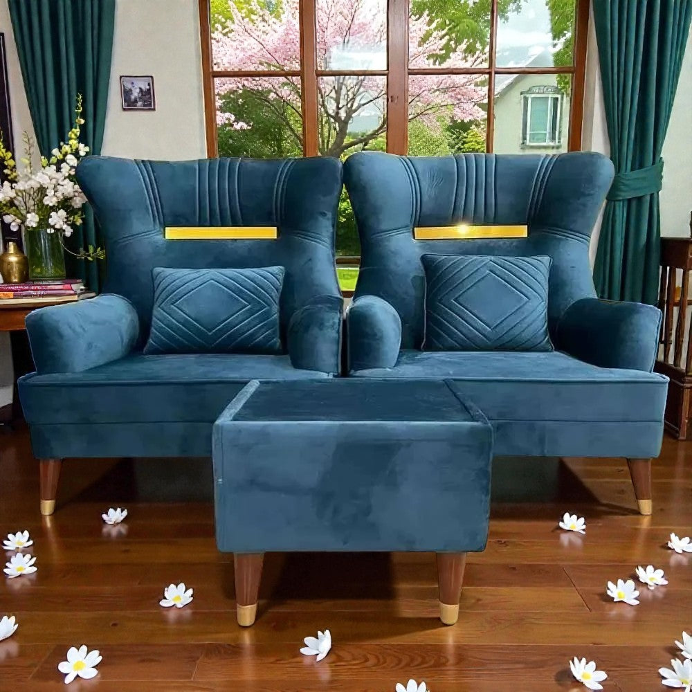 BLUE VELVET WINGBACK CHAIR WITH OTTOMAN