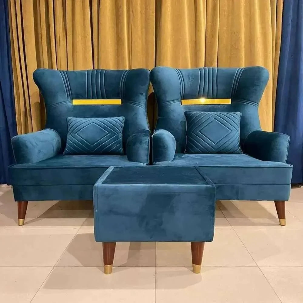 BLUE VELVET WINGBACK CHAIR WITH OTTOMAN