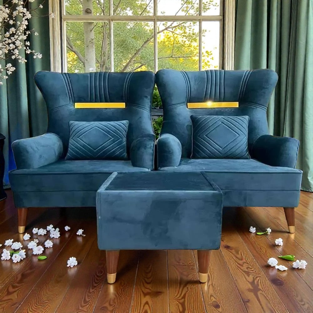BLUE VELVET WINGBACK CHAIR WITH OTTOMAN