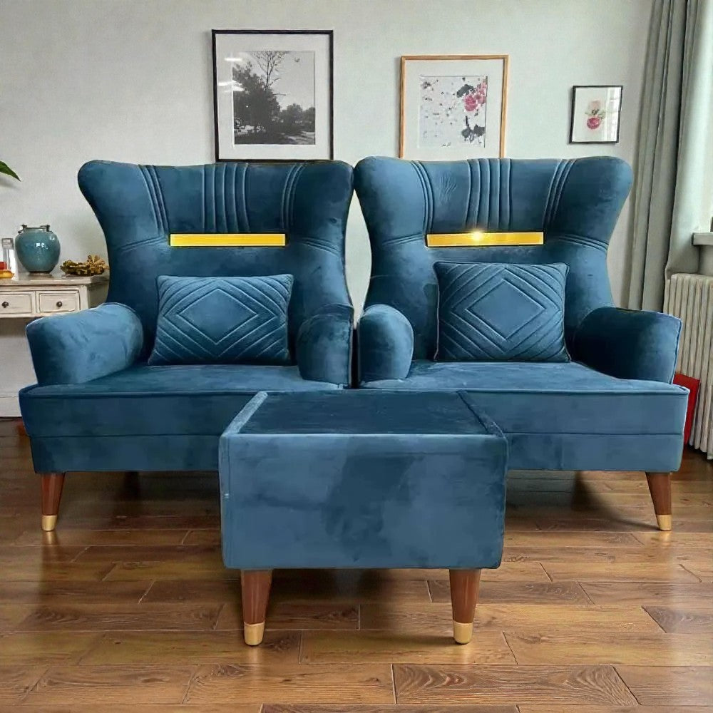 BLUE VELVET WINGBACK CHAIR WITH OTTOMAN