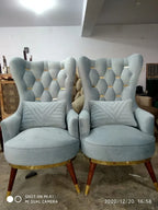 BLUE VELVET WINGBACK CHAIR WITH OTTOMAN