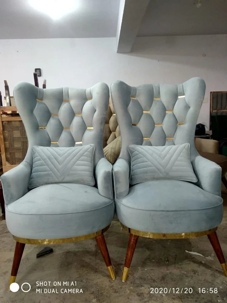 BLUE VELVET WINGBACK CHAIR WITH OTTOMAN