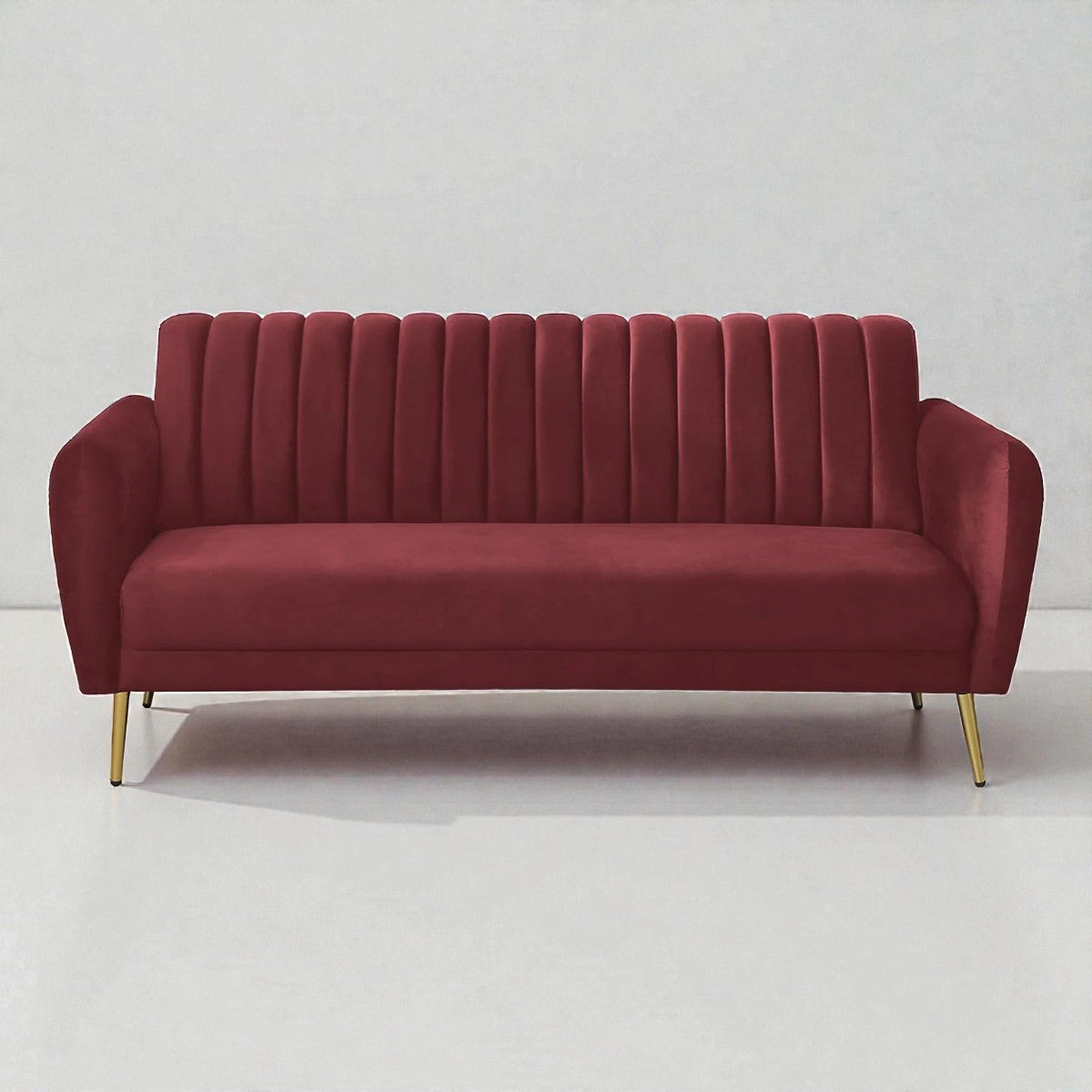 BURGUNDAY ROYALE CHANNEL-TUFTED VELVET 3-SEATER SOFA