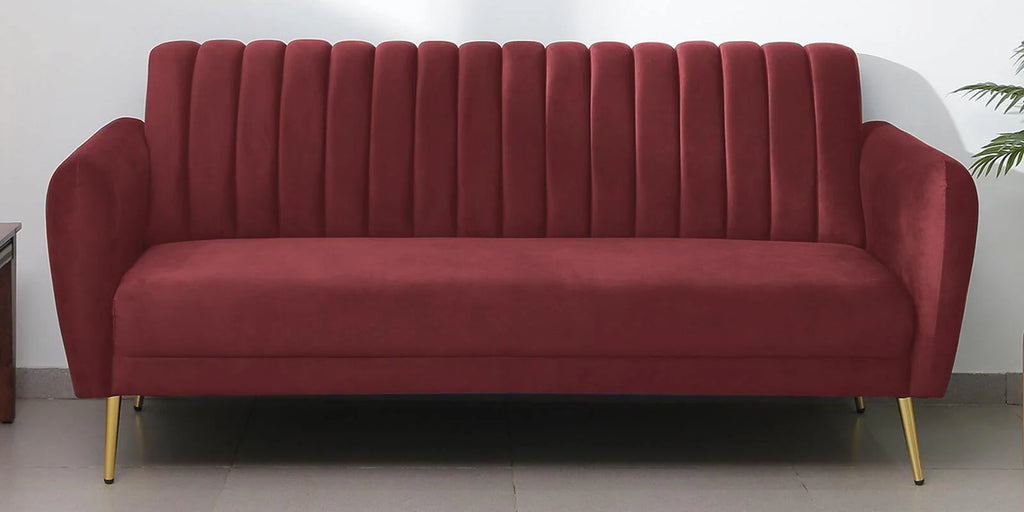BURGUNDAY ROYALE CHANNEL-TUFTED VELVET 3-SEATER SOFA