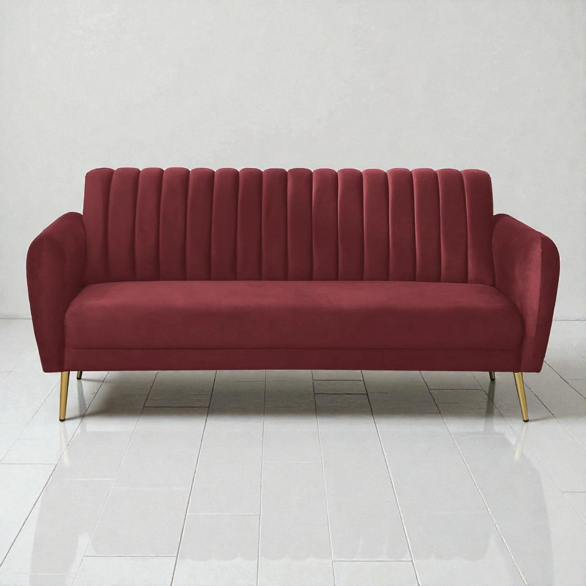 BURGUNDAY ROYALE CHANNEL-TUFTED VELVET 3-SEATER SOFA