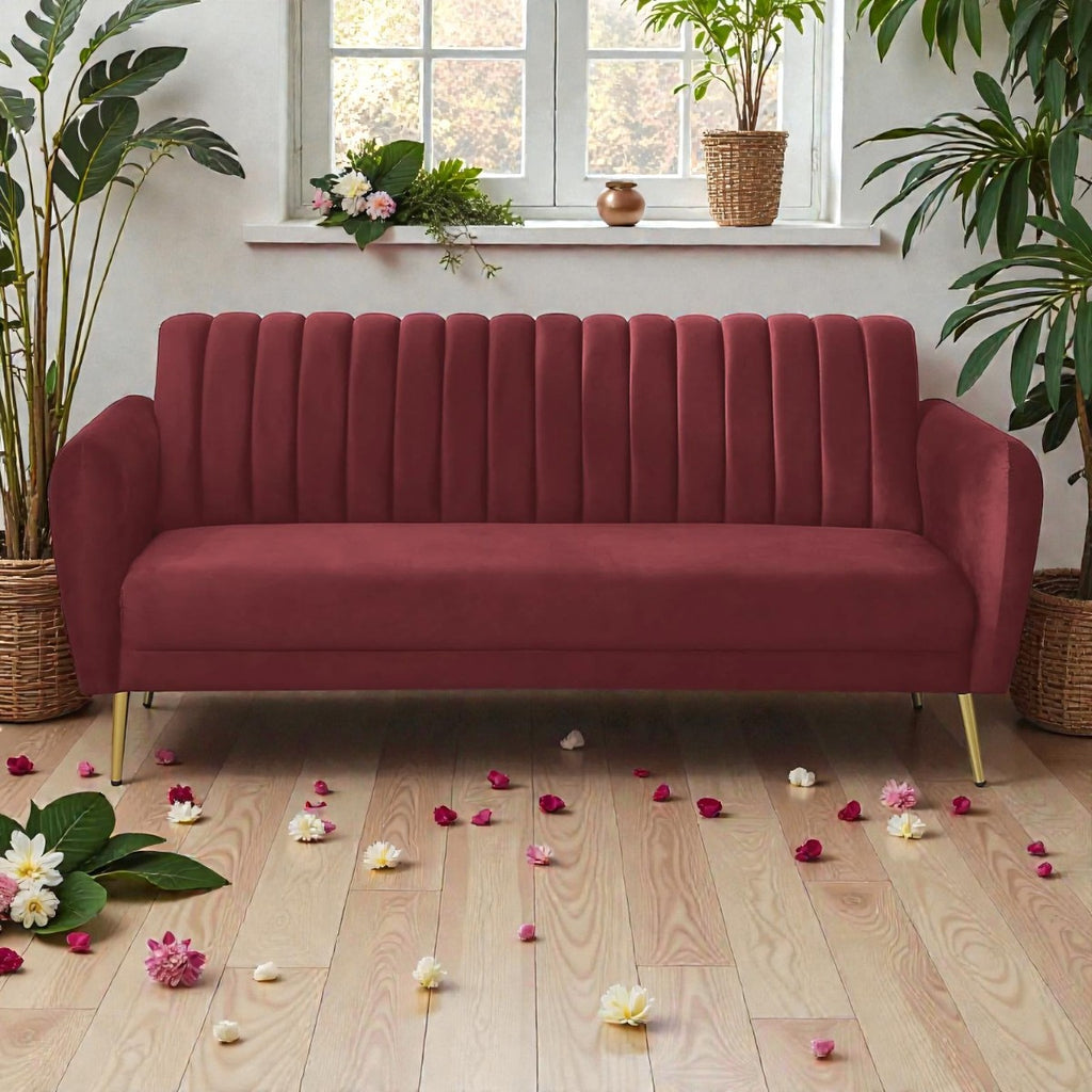 BURGUNDAY ROYALE CHANNEL-TUFTED VELVET 3-SEATER SOFA