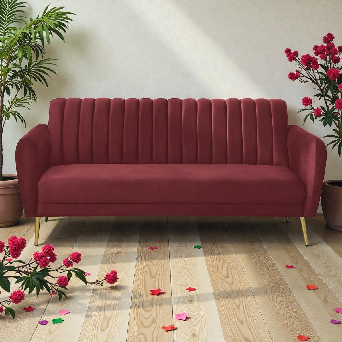 BURGUNDAY ROYALE CHANNEL-TUFTED VELVET 3-SEATER SOFA