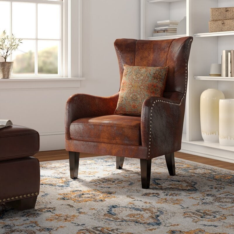 CLASSIC BROWN LEATHER WING CHAIR FOR LIVING ROOM AND STUDY