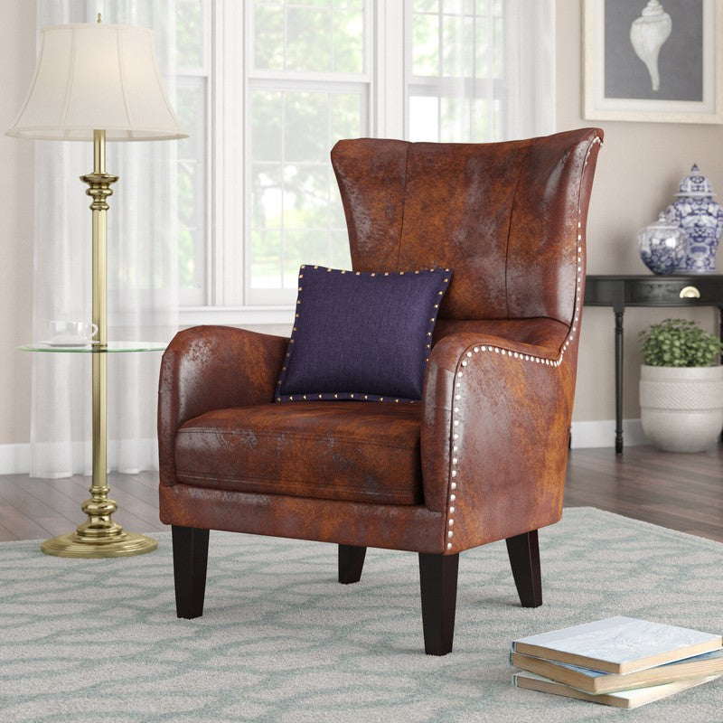 CLASSIC BROWN LEATHER WING CHAIR FOR LIVING ROOM AND STUDY