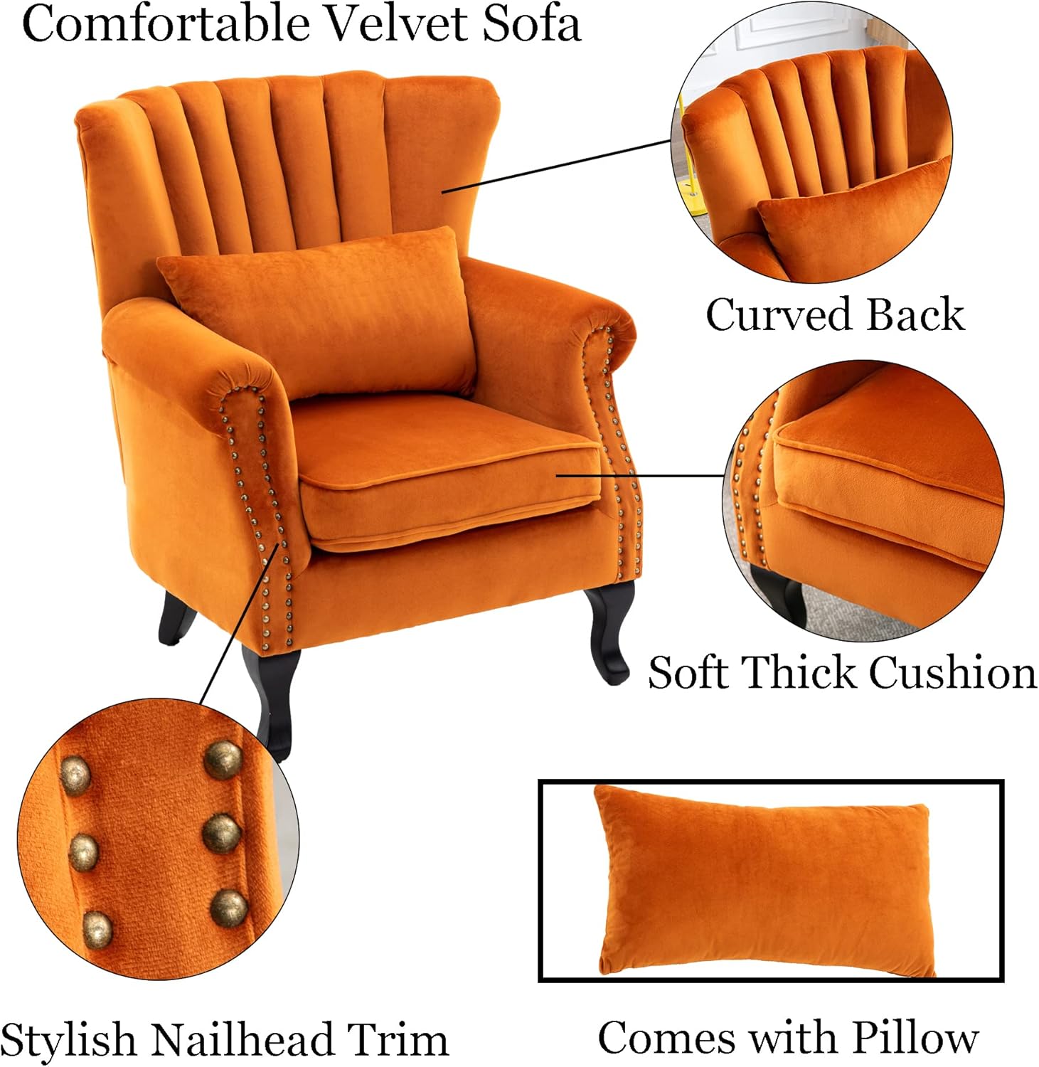 LUXURY ORANAGE VELVET WING CHAIR