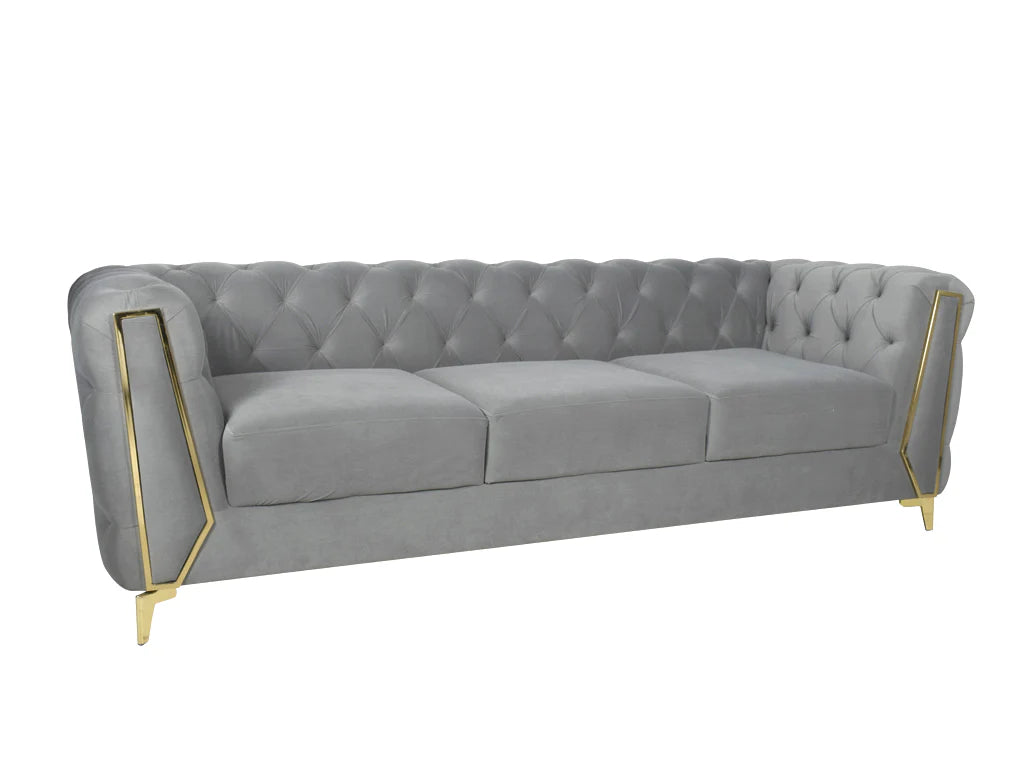 REGAL GREY TUFTED UPHOLSTERED 3-SEATER SOFA
