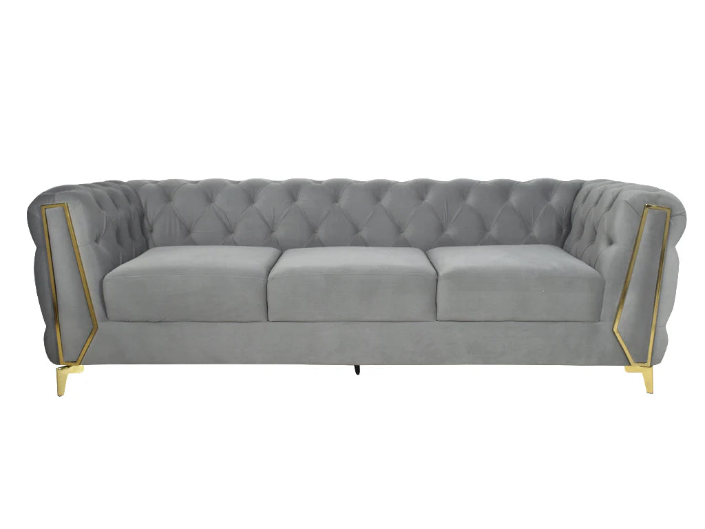 REGAL GREY TUFTED UPHOLSTERED 3-SEATER SOFA