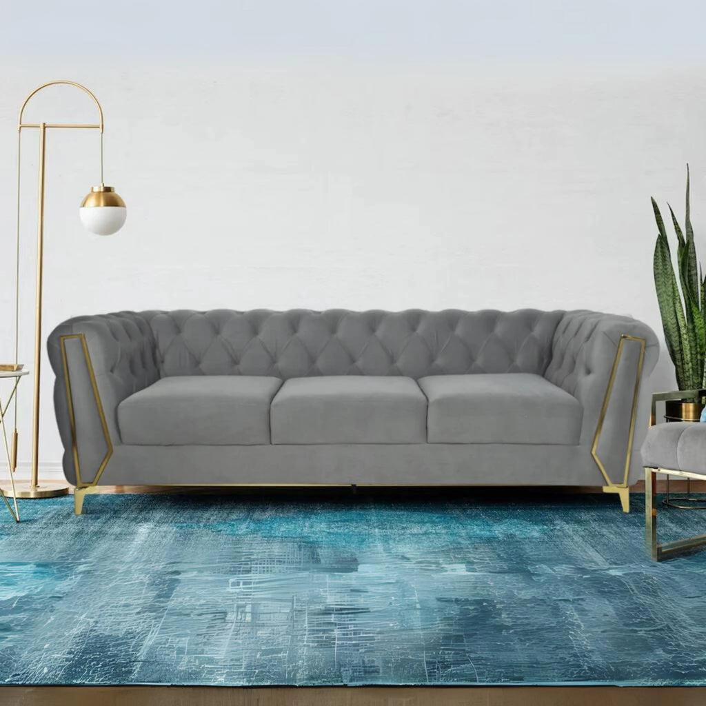 REGAL GREY TUFTED UPHOLSTERED 3-SEATER SOFA