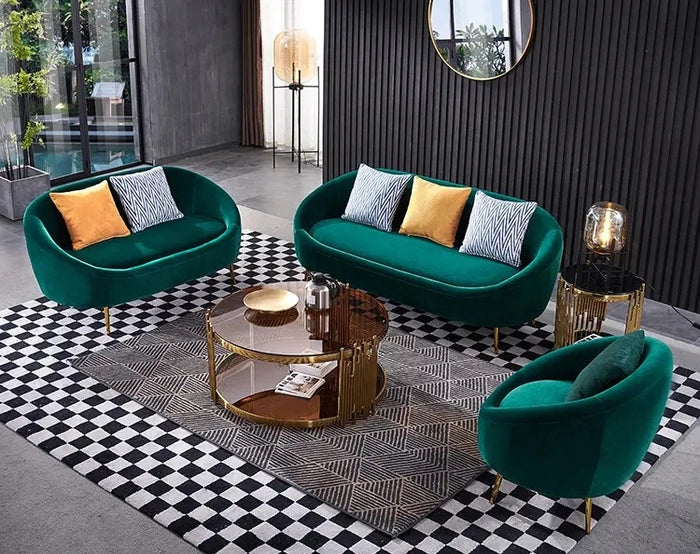 VERDEA CURVE GREEN UPHOLSTERED 6-SEATER SOFA + 2 PUFFIES+2 HIGH BACK CHAIRS